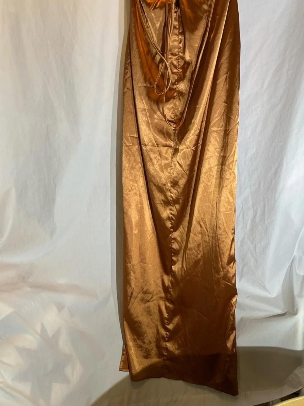 Angel Copper Satin Maxi Dress with Ruched Front